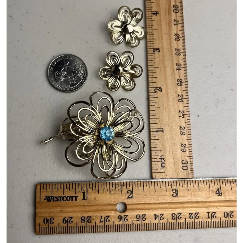 Gold Tone Wire Flower Blue Rhinestone Screw Back Earrings & Brooch Pin Set MCM